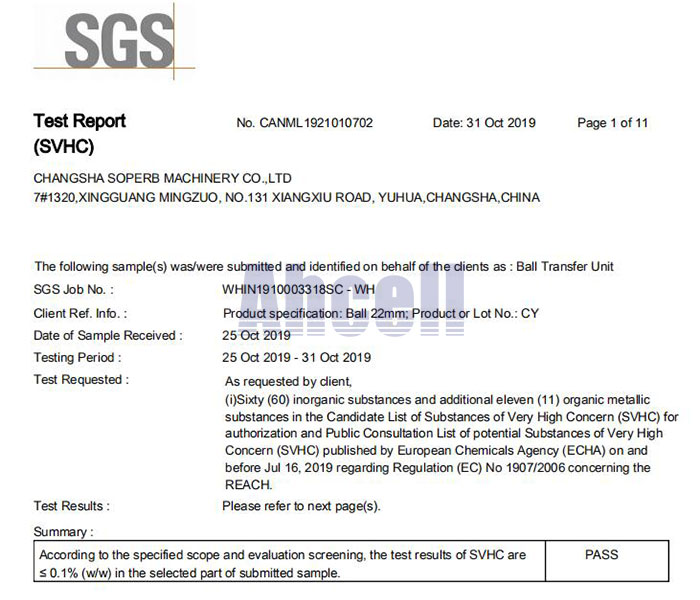 Certificados de prueba SGS REACH unidades de transferencia de bolas